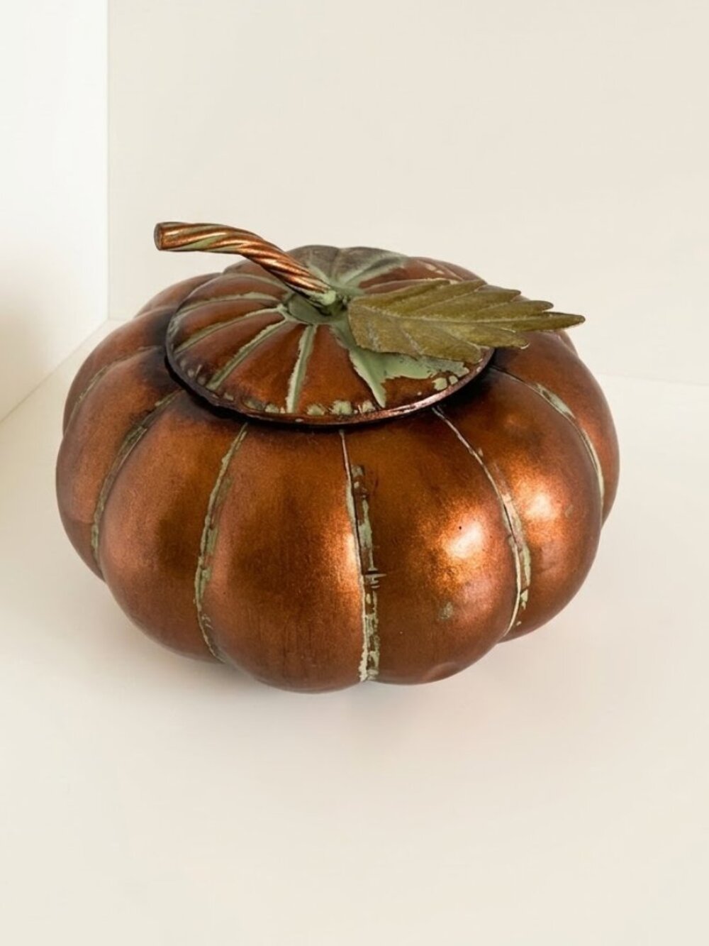 Large Copper Tone Metal Pumpkin Lidded Bowl Verdigris Fall Centerpiece Decor